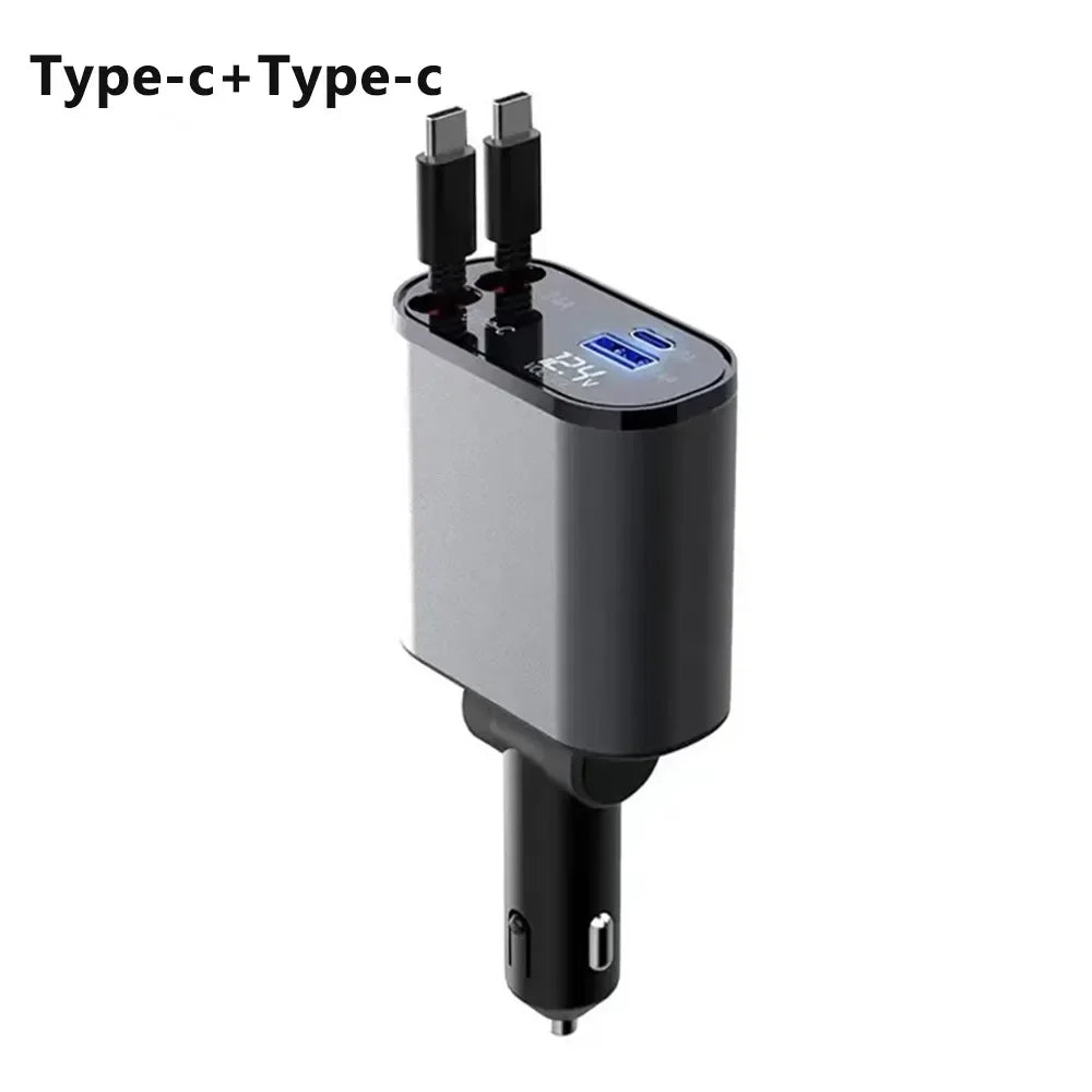 120W Car Charger Car Super Fast Charge Flash Charging, Telescopic Cable 4 in 1 Car Charger 2 USB Ports Adapter Compatible