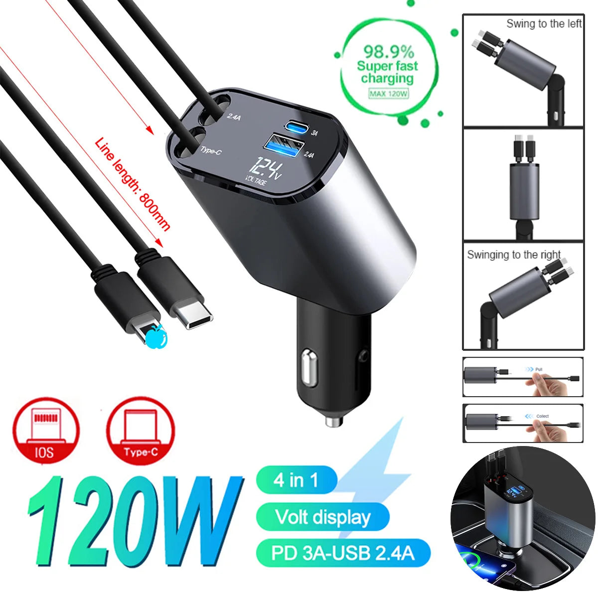 120W Car Charger Car Super Fast Charge Flash Charging, Telescopic Cable 4 in 1 Car Charger 2 USB Ports Adapter Compatible