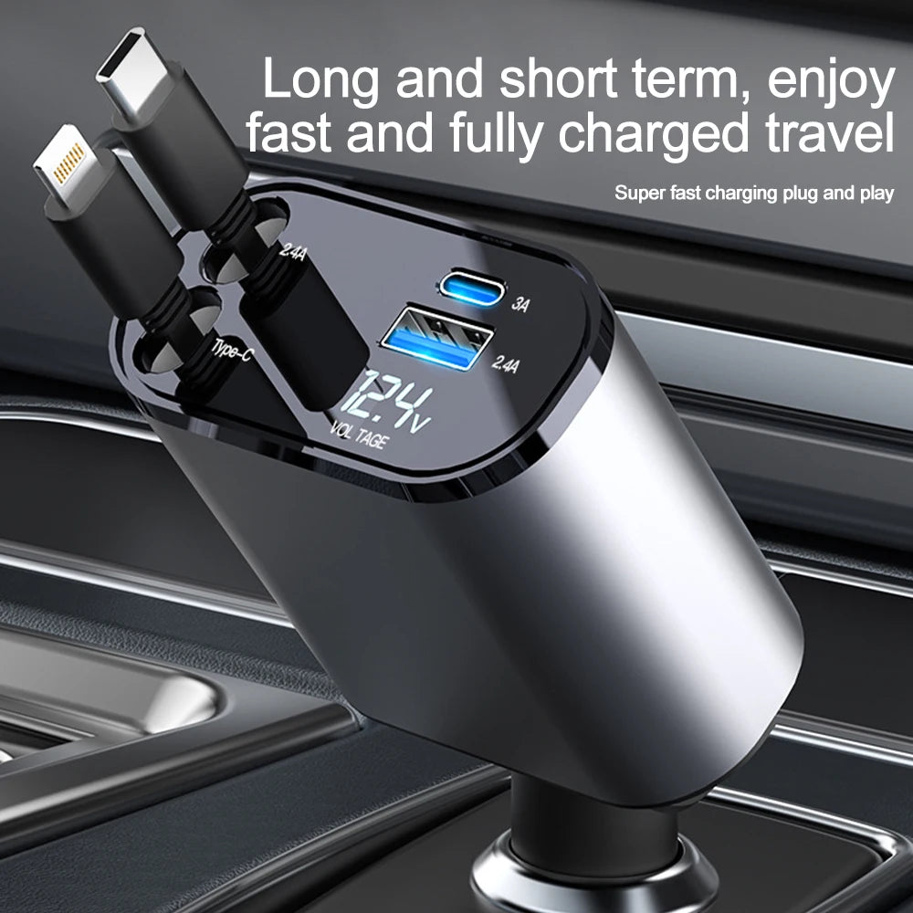 120W Car Charger Car Super Fast Charge Flash Charging, Telescopic Cable 4 in 1 Car Charger 2 USB Ports Adapter Compatible