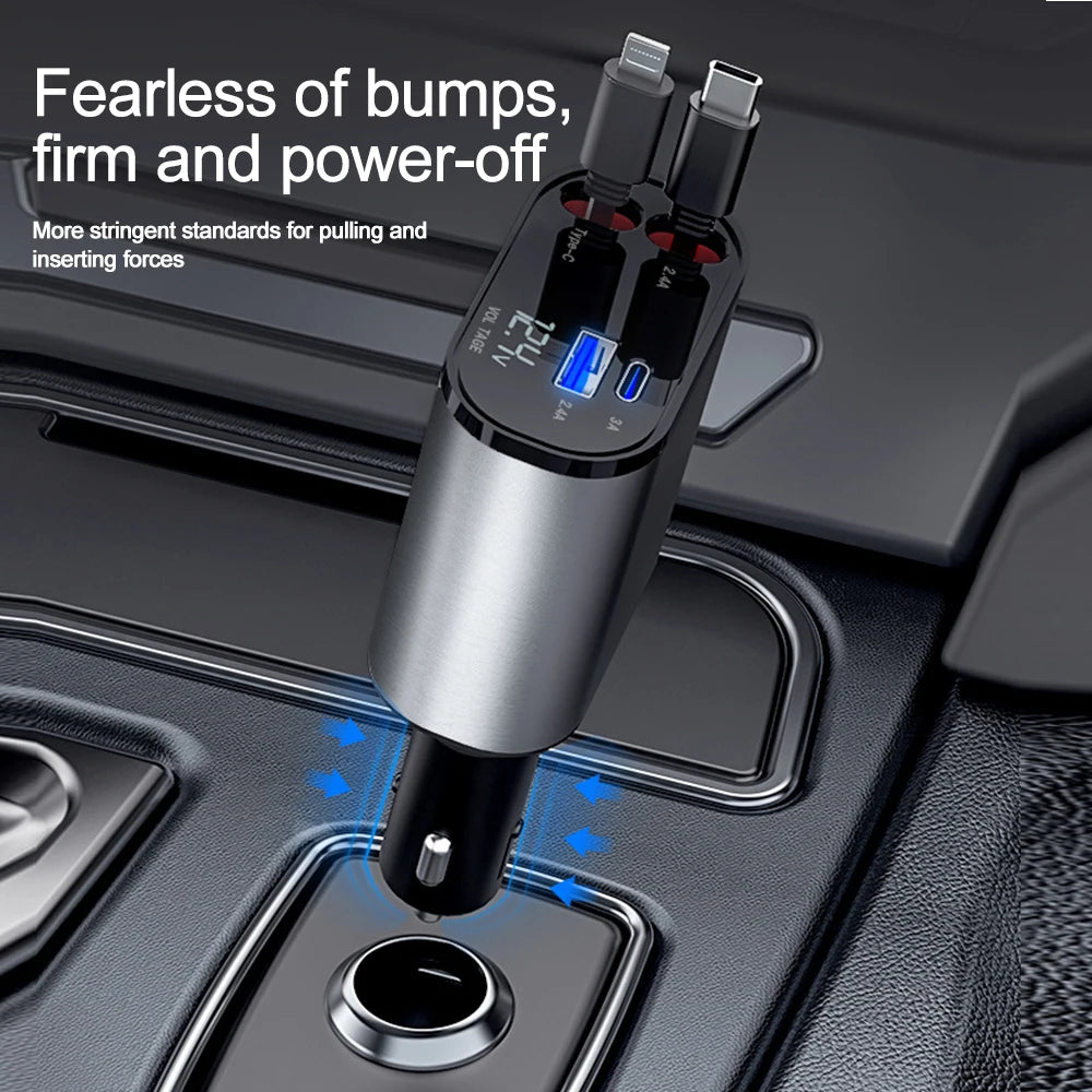 120W Car Charger Car Super Fast Charge Flash Charging, Telescopic Cable 4 in 1 Car Charger 2 USB Ports Adapter Compatible