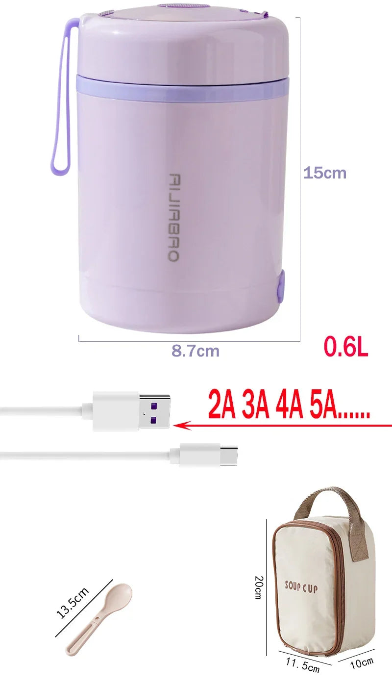 600ML USB Electric Heating Lunch Box Portable Picnic Milk Drink  Food Heater Stainless Steel Food Warmer Container 5V 12V 24V