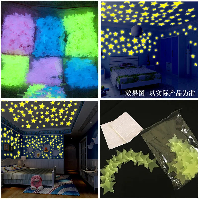 100Pcs Luminous 3D Stars Glow In The Dark Wall Stickers For Kids Baby Rooms Bedroom Ceiling Home Decor Fluorescent Star Stickers