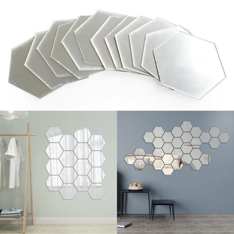 3D Hexagon Mirror Wall Stickers DIY Wall Mirrors Sticker Removable Self Adhesive Aesthetic Mosaic Tiles Decals Home Decoration