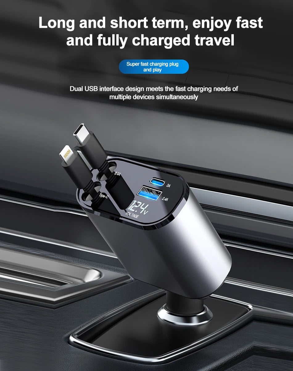 120W Car Charger Car Super Fast Charge Flash Charging, Telescopic Cable 4 in 1 Car Charger 2 USB Ports Adapter Compatible