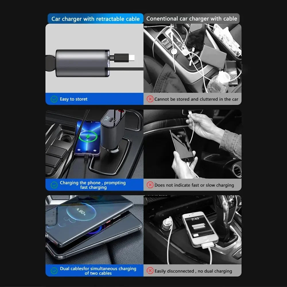 120W Car Charger Car Super Fast Charge Flash Charging, Telescopic Cable 4 in 1 Car Charger 2 USB Ports Adapter Compatible