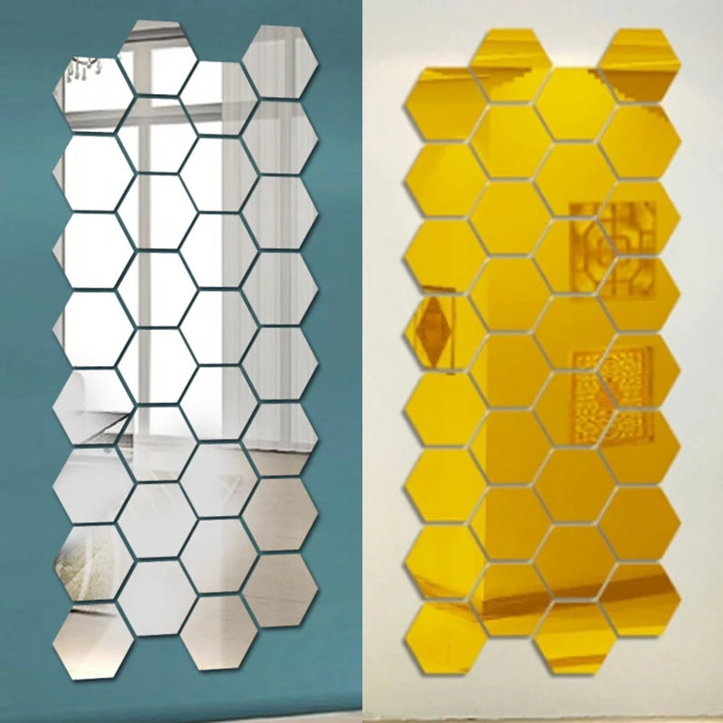 3D Hexagon Mirror Wall Stickers DIY Wall Mirrors Sticker Removable Self Adhesive Aesthetic Mosaic Tiles Decals Home Decoration