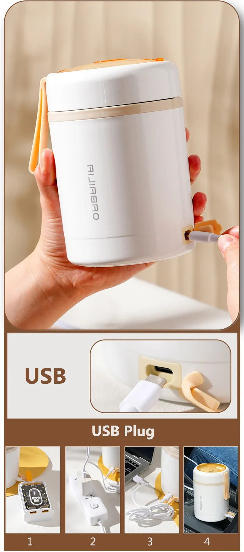 600ML USB Electric Heating Lunch Box Portable Picnic Milk Drink  Food Heater Stainless Steel Food Warmer Container 5V 12V 24V