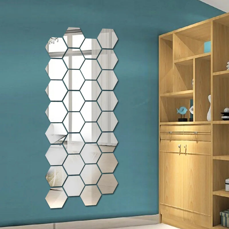 3D Hexagon Mirror Wall Stickers DIY Wall Mirrors Sticker Removable Self Adhesive Aesthetic Mosaic Tiles Decals Home Decoration