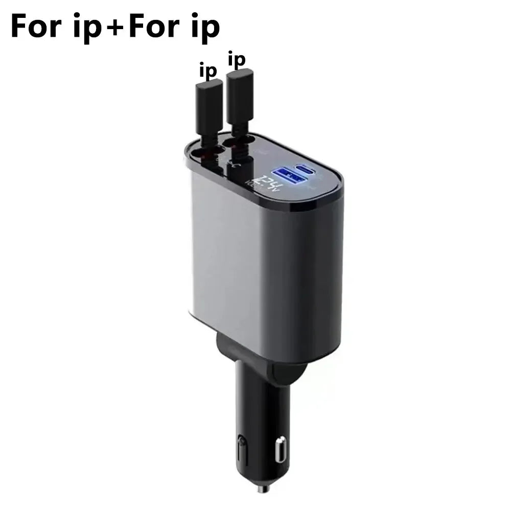 120W Car Charger Car Super Fast Charge Flash Charging, Telescopic Cable 4 in 1 Car Charger 2 USB Ports Adapter Compatible