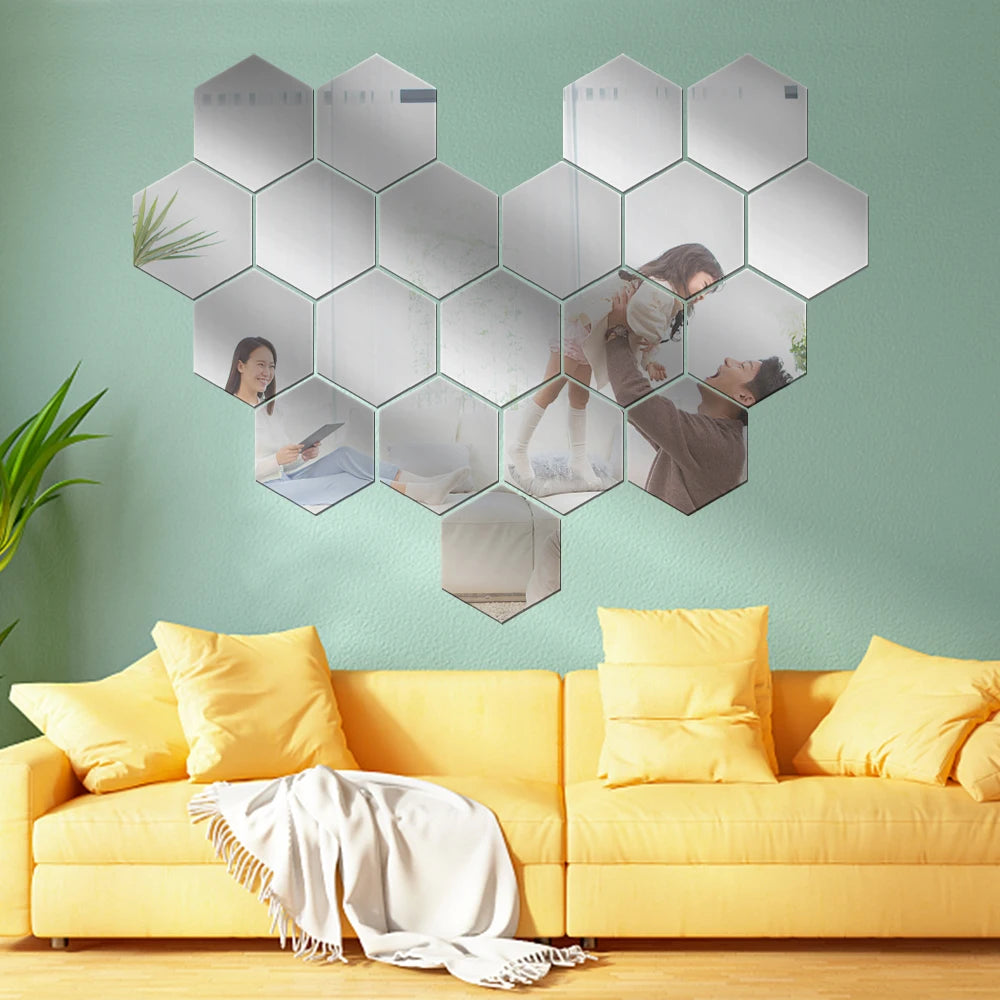 3D Hexagon Mirror Wall Stickers DIY Wall Mirrors Sticker Removable Self Adhesive Aesthetic Mosaic Tiles Decals Home Decoration